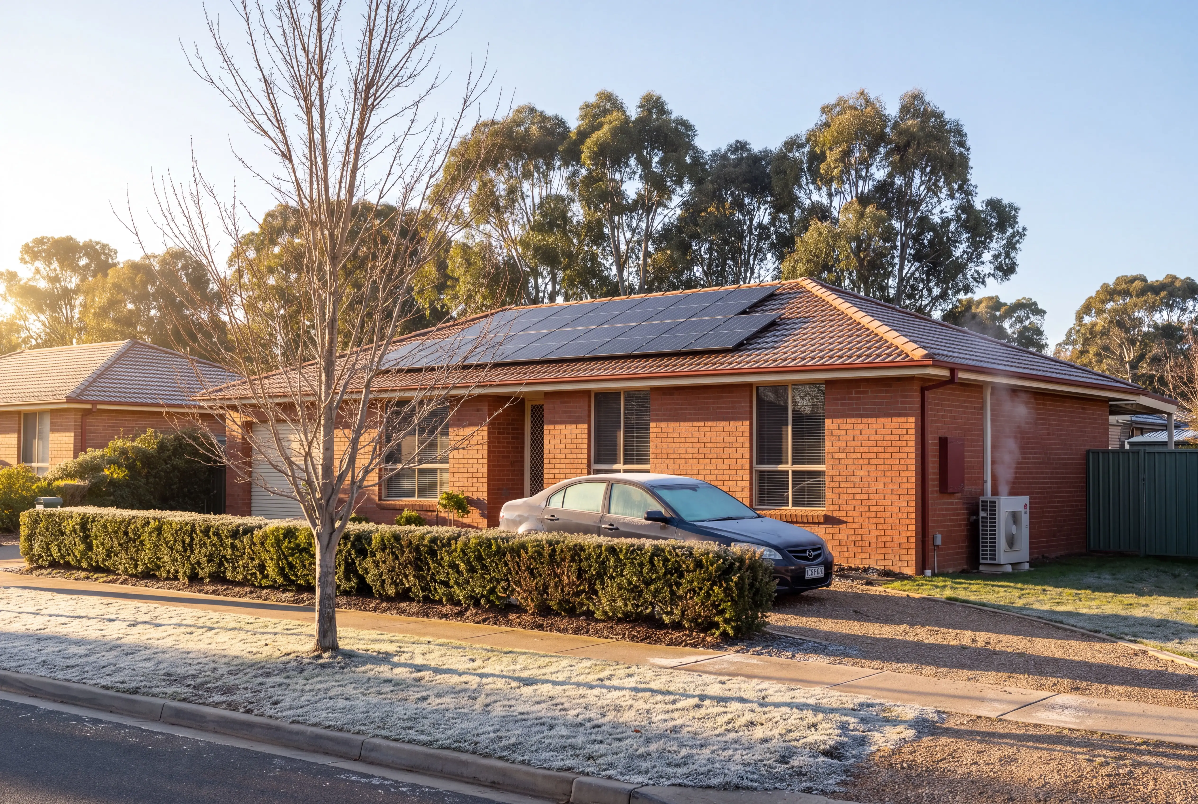 A single-storey brick house with a black solar array on its tiled roof, heavy white frost on the front lawn and low morning sun across it