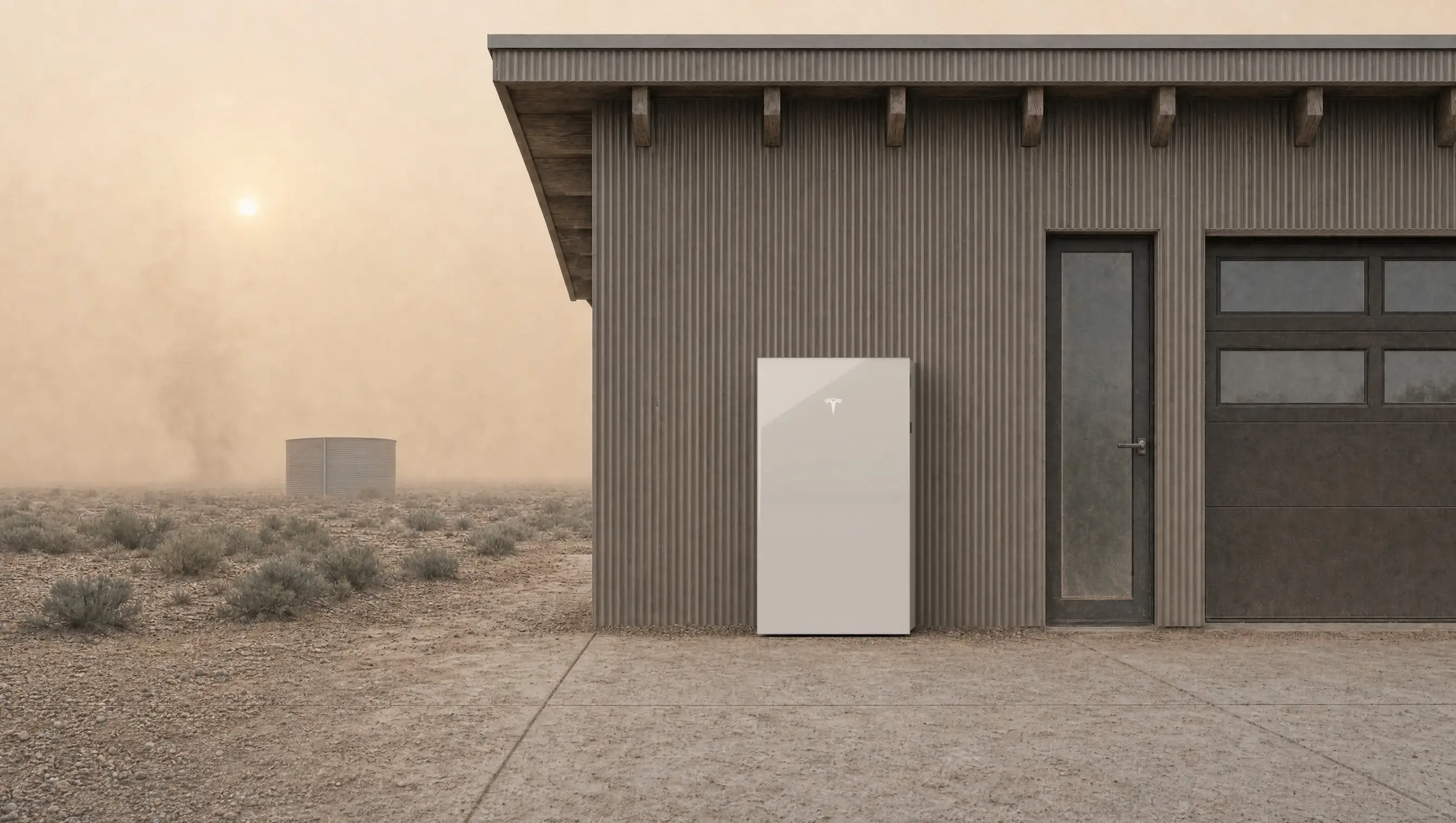 A Tesla Powerwall 3 against the corrugated steel wall of a rural home in a dust haze, a stony saltbush plain and a rainwater tank behind.