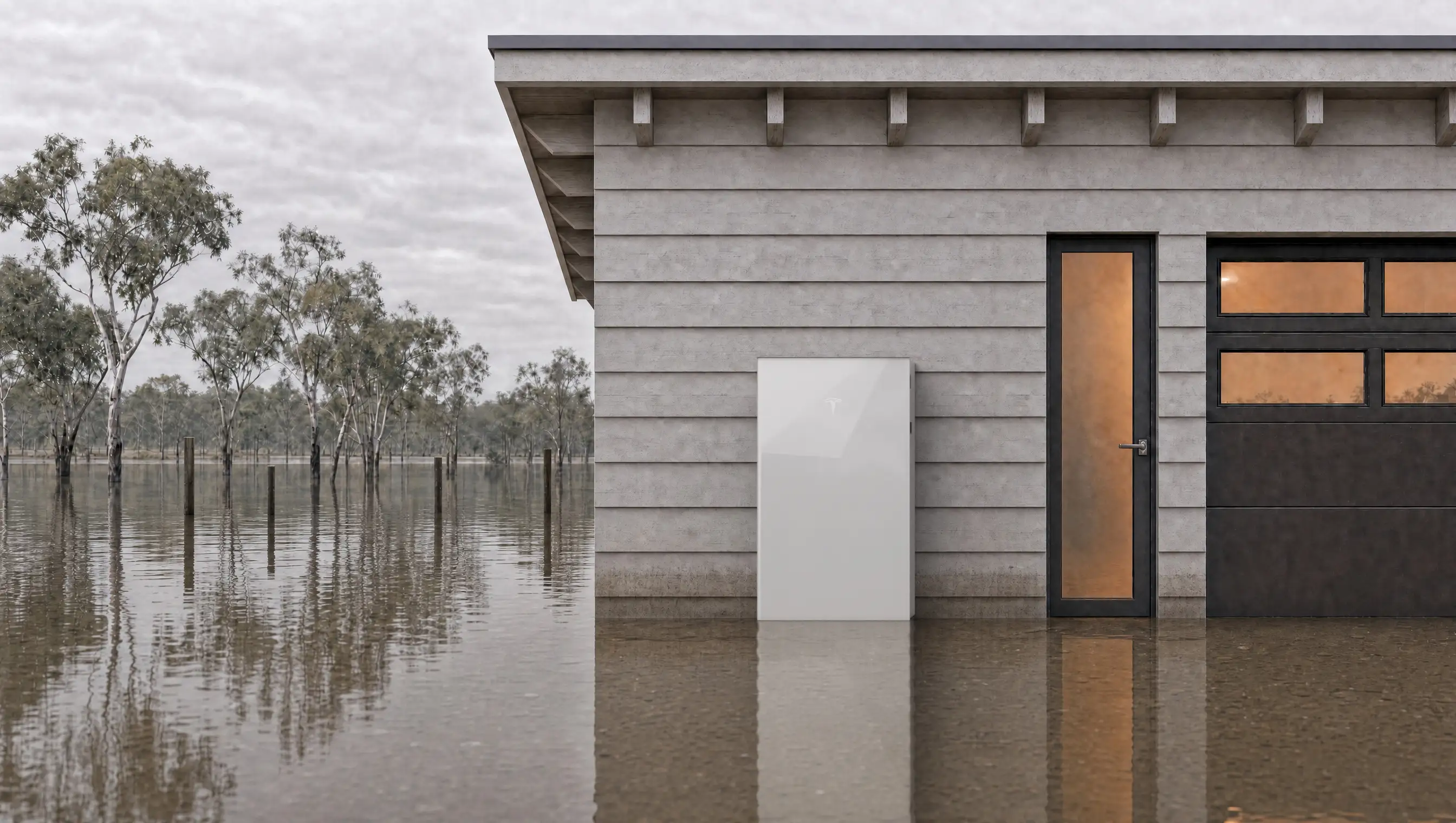 A Tesla Powerwall 3 standing in shallow floodwater against the weatherboard wall of a coastal house, a drowned paddock and fence posts behind.