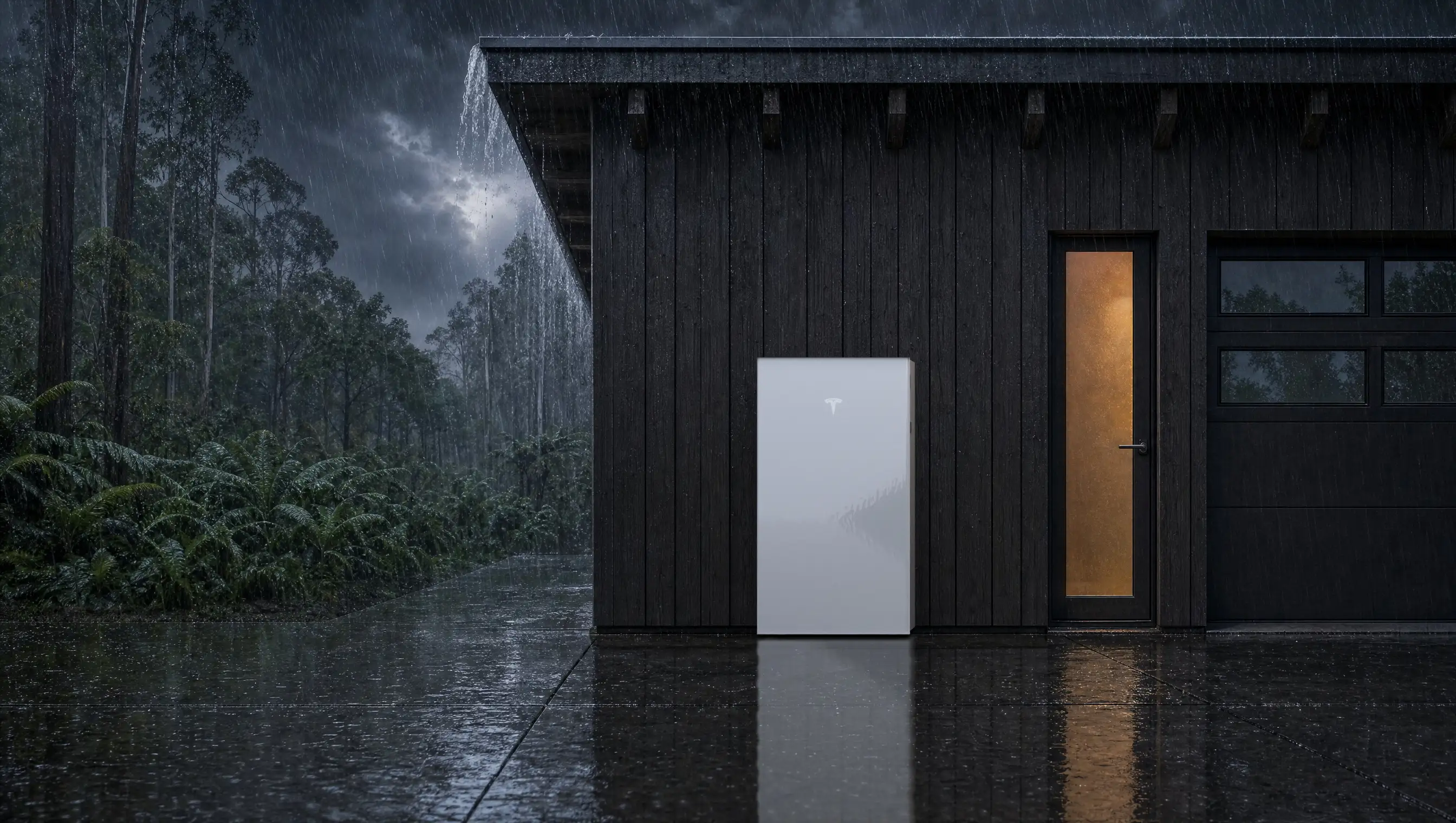 A Tesla Powerwall 3 against the dark timber wall of a house during a rainforest thunderstorm, water sheeting off the eave and the wet driveway reflecting it.