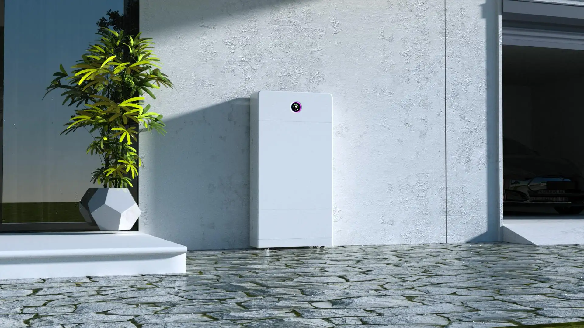 A white GoodWe battery, an inverter head over three battery modules on feet, standing against the white rendered wall of a house beside a potted palm, with a flagstone driveway and an open garage behind it