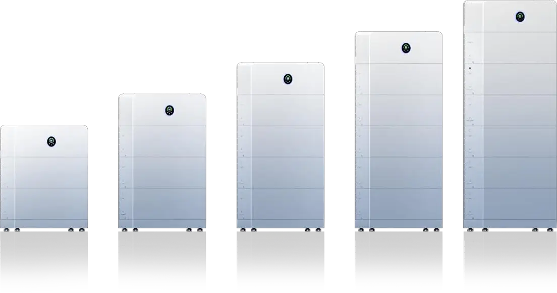 Five white GoodWe battery stacks side by side, each taller than the last: an inverter head over two battery modules at the left, rising to an inverter head over six modules at the right
