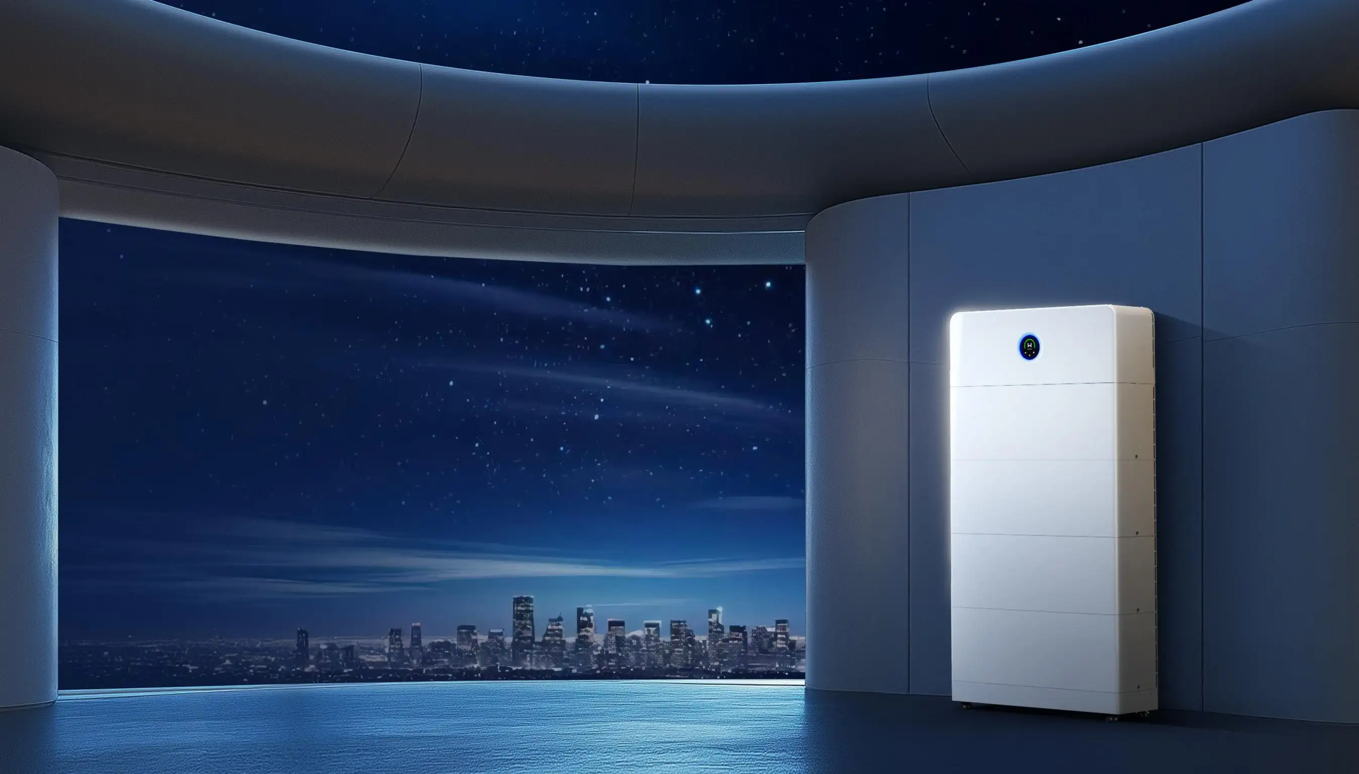 A white GoodWe battery, an inverter head over five battery modules, standing in a curved showroom interior at night with a lit city skyline through the window behind it