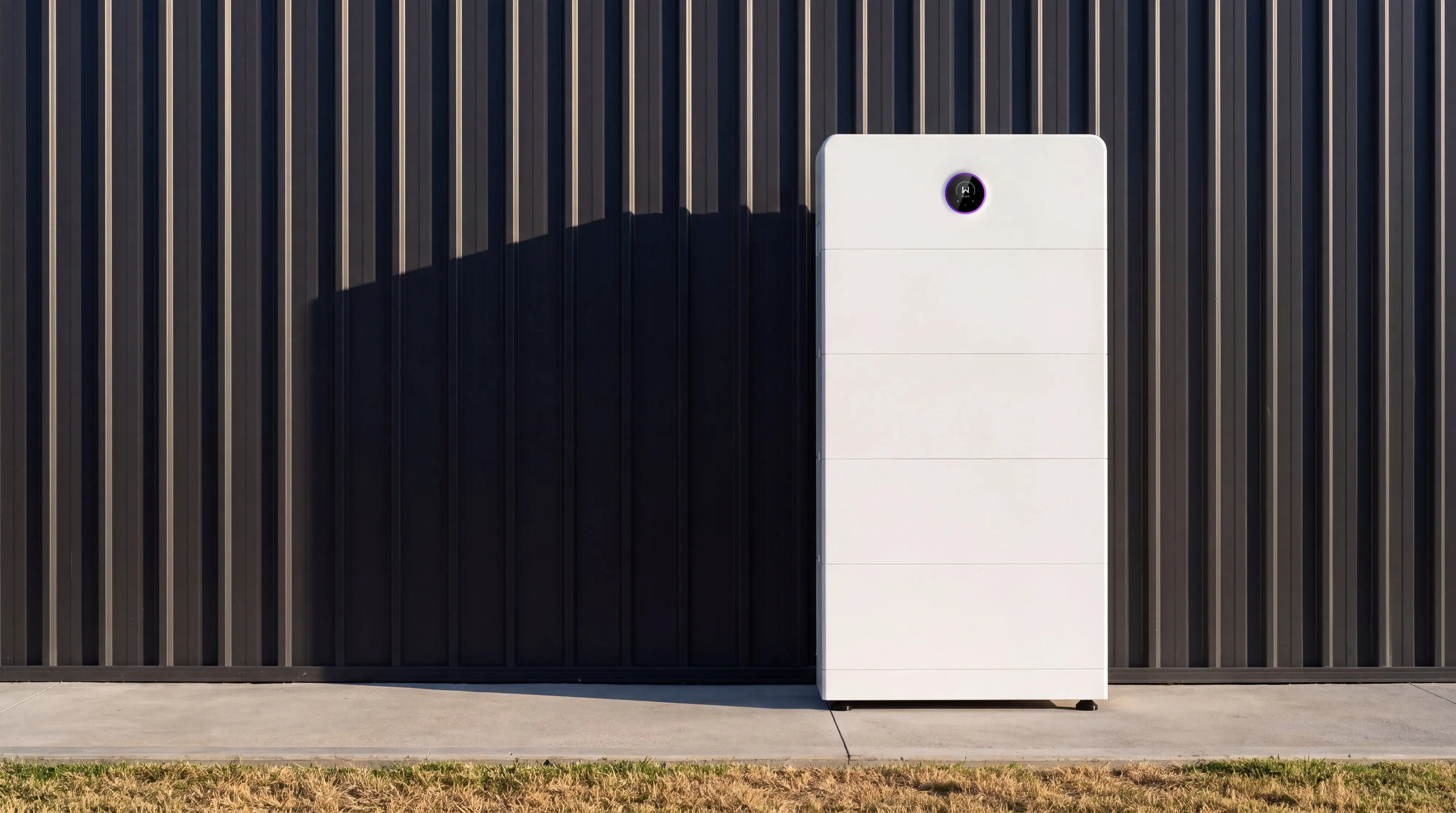 A white GoodWe battery, an inverter head over four battery modules on feet, standing on a concrete pad against a ribbed charcoal steel wall in afternoon sun, with dry grass along the bottom