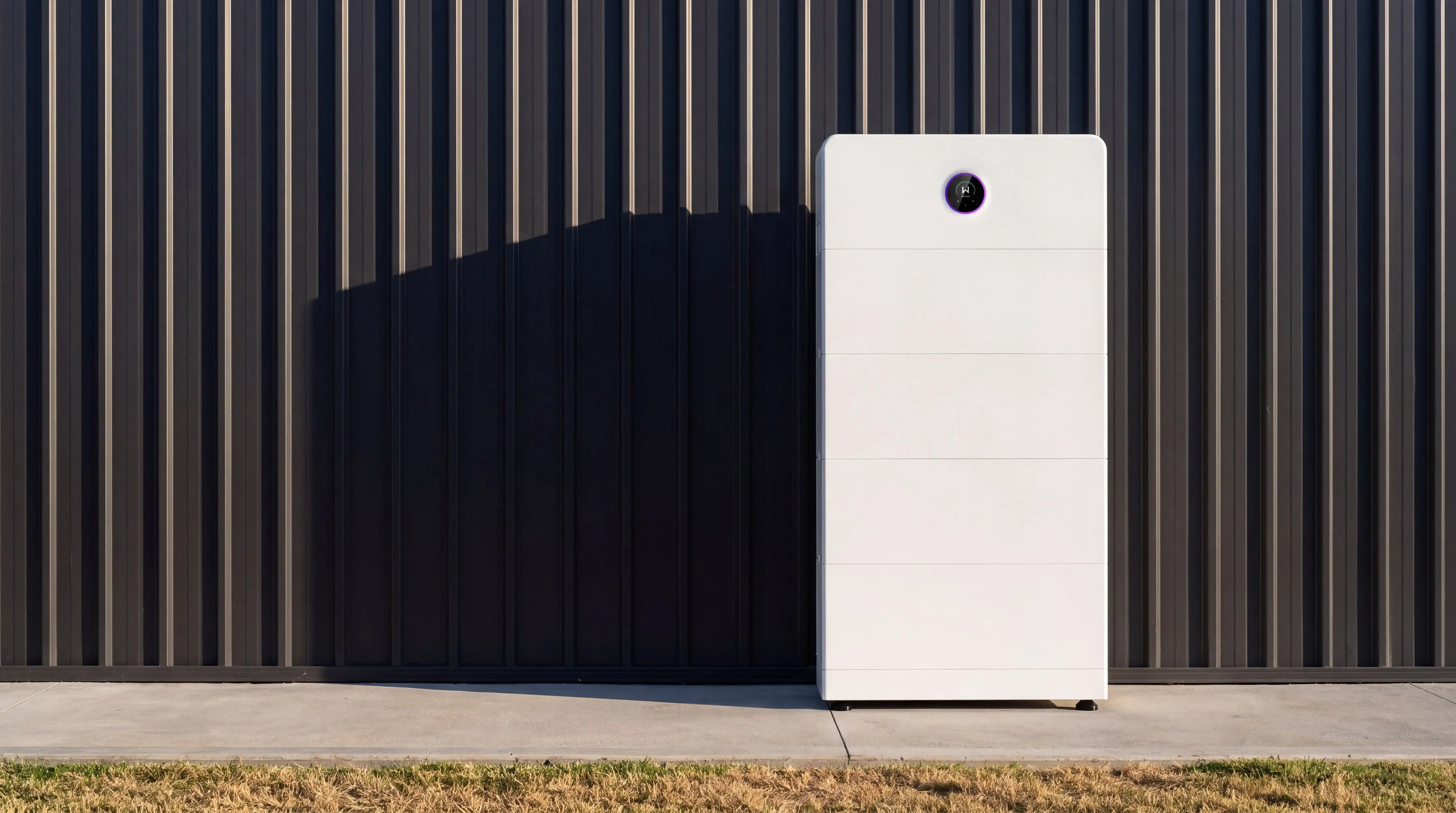 A white GoodWe battery, an inverter head over four battery modules on feet, standing on a concrete pad against a ribbed charcoal steel wall in afternoon sun