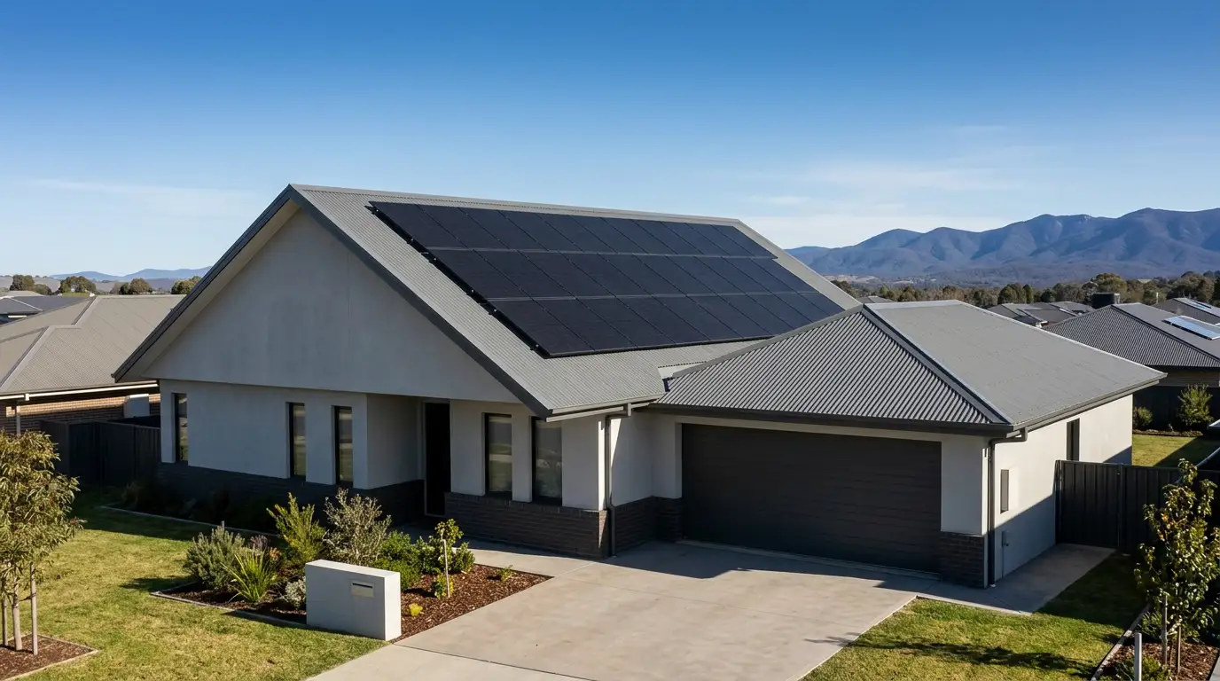 A single-storey house with a pitched grey metal roof carrying a full array of black solar panels, photographed in bright sun with blue sky and a mountain range behind it