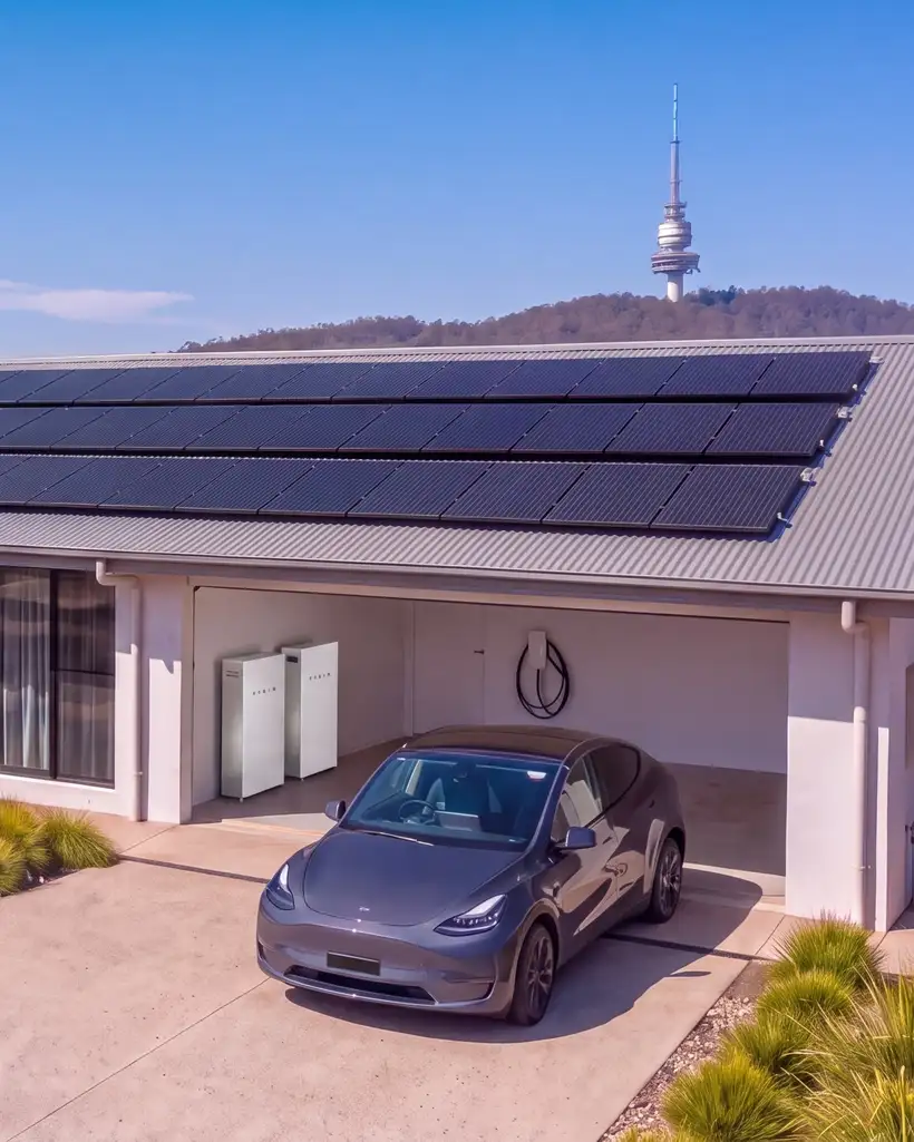 A long single-storey house of pale render and timber battens with black solar panels on a mid-grey steel roof under a deep blue sky, the garage door open with two white home batteries and a car charger inside, a dark grey car on the driveway plugged in, and a wooded ridge behind