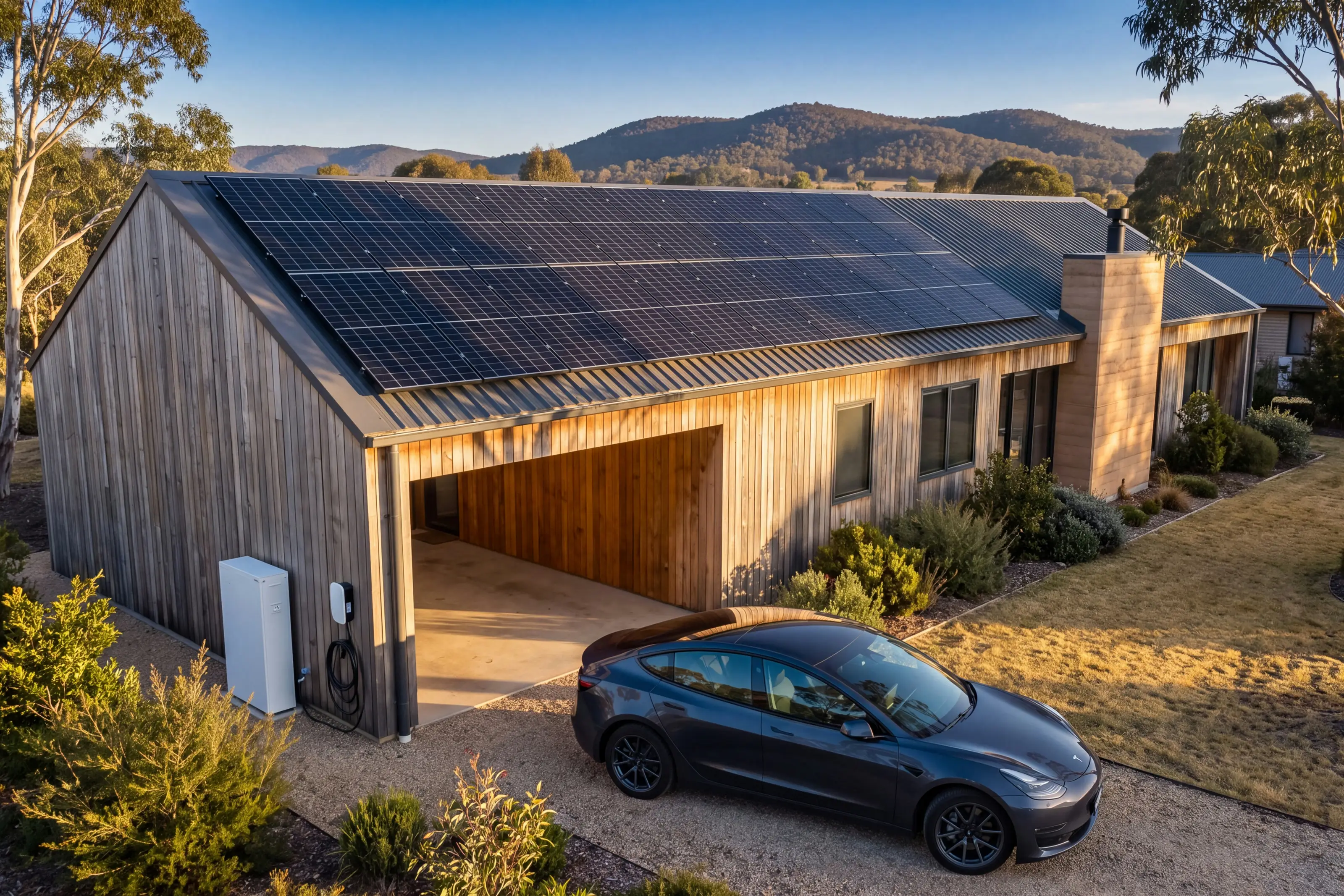A single-storey timber-clad house on a dry rural block at golden hour, its pitched metal roof covered by a full array of solar panels, a white battery standing against the timber wall beside a car charger with its cable coiled, a dark grey car parked on the gravel driveway and gum trees and low hills behind