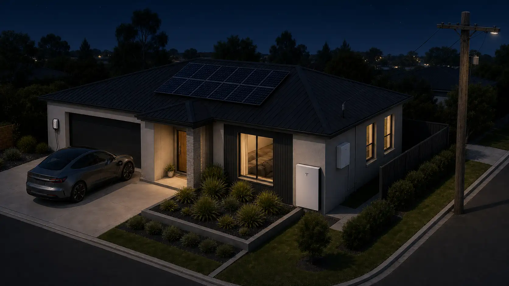 A single-storey home after dark, its windows lit, with a rooftop solar array, a Powerwall on the side wall, a car on the driveway, and the street lamp on the power pole lit