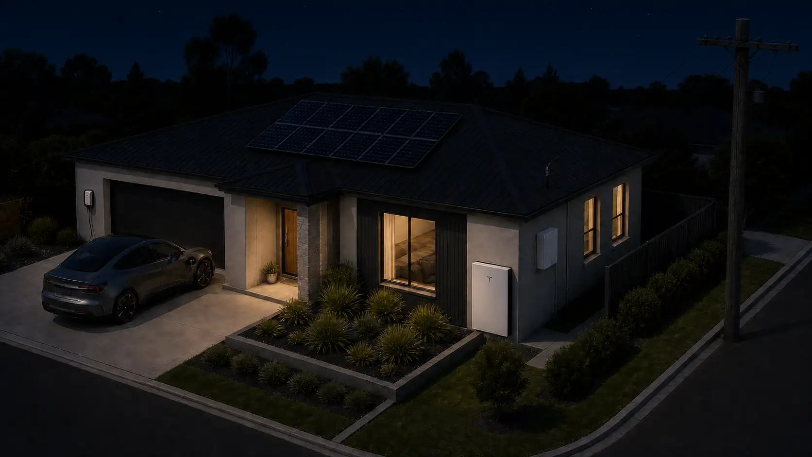 The same home at night during a grid outage, its windows still lit while the street lamp is out and the horizon is dark