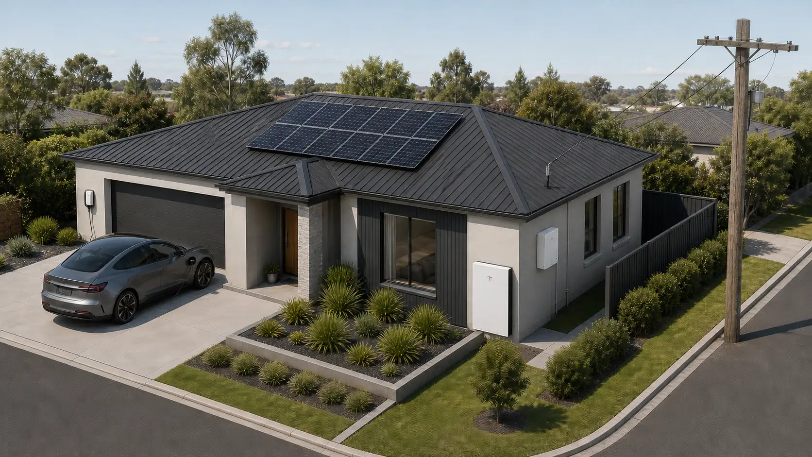 A single-storey home in daylight with a rooftop solar array, a Powerwall on the side wall and a car on the driveway
