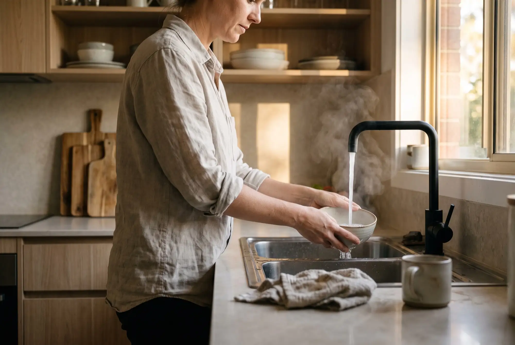A person in a linen shirt rinsing a bowl under running water at a kitchen sink, steam rising in front of a window, with pale timber shelves and stacked crockery behind