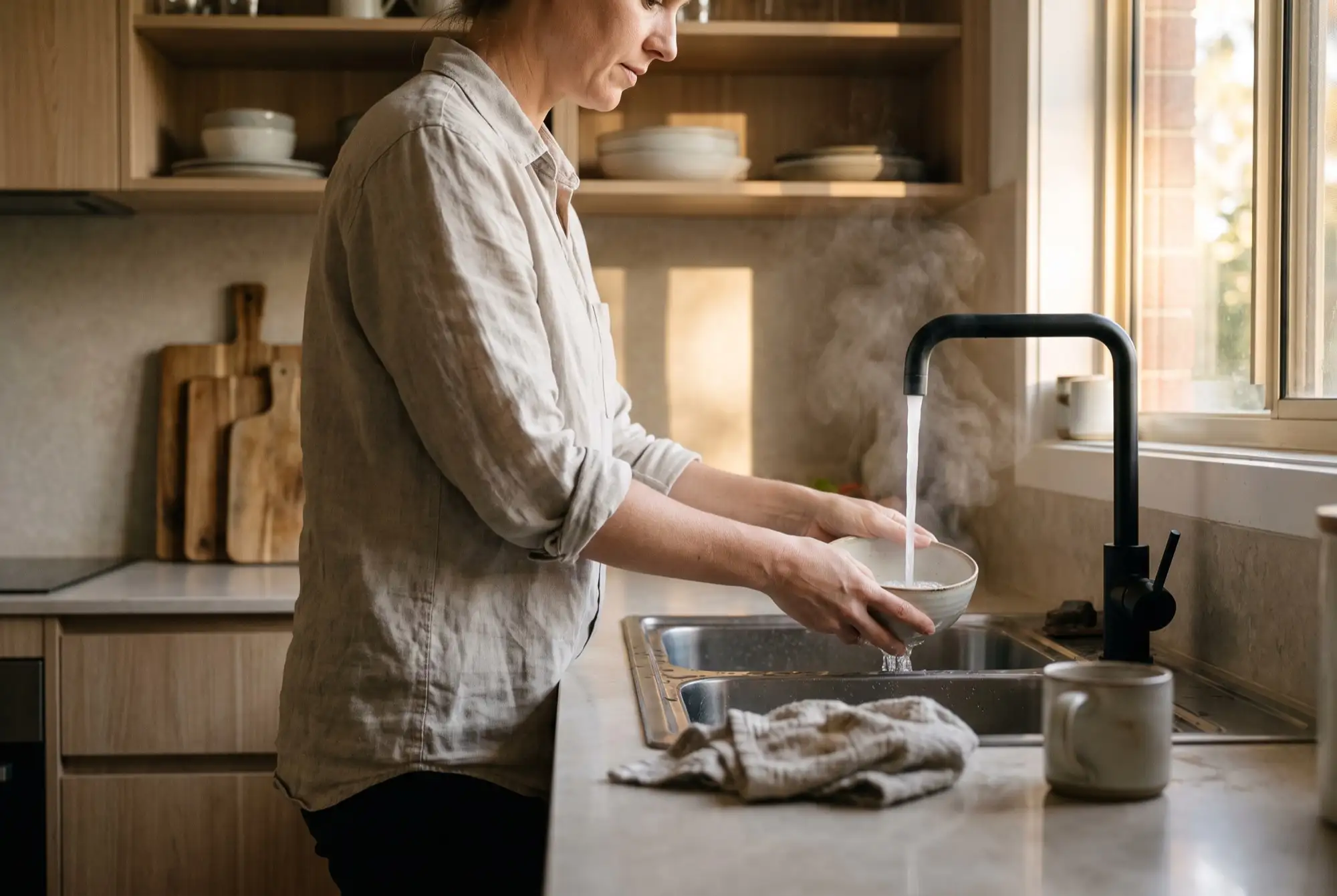 A person at a kitchen sink rinsing a shallow ceramic bowl under a running black tap, steam rising around it in front of a window, with timber shelves of stacked plates behind and a linen cloth on the bench