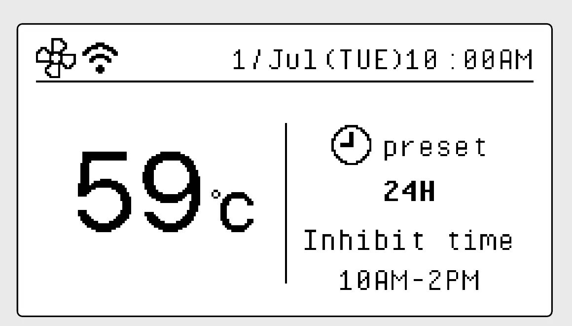 The Panasonic controller screen showing 59°C in large digits beside the words preset 24H and Inhibit time 10AM-2PM, with a fan symbol, a wireless symbol and the date and time along the top