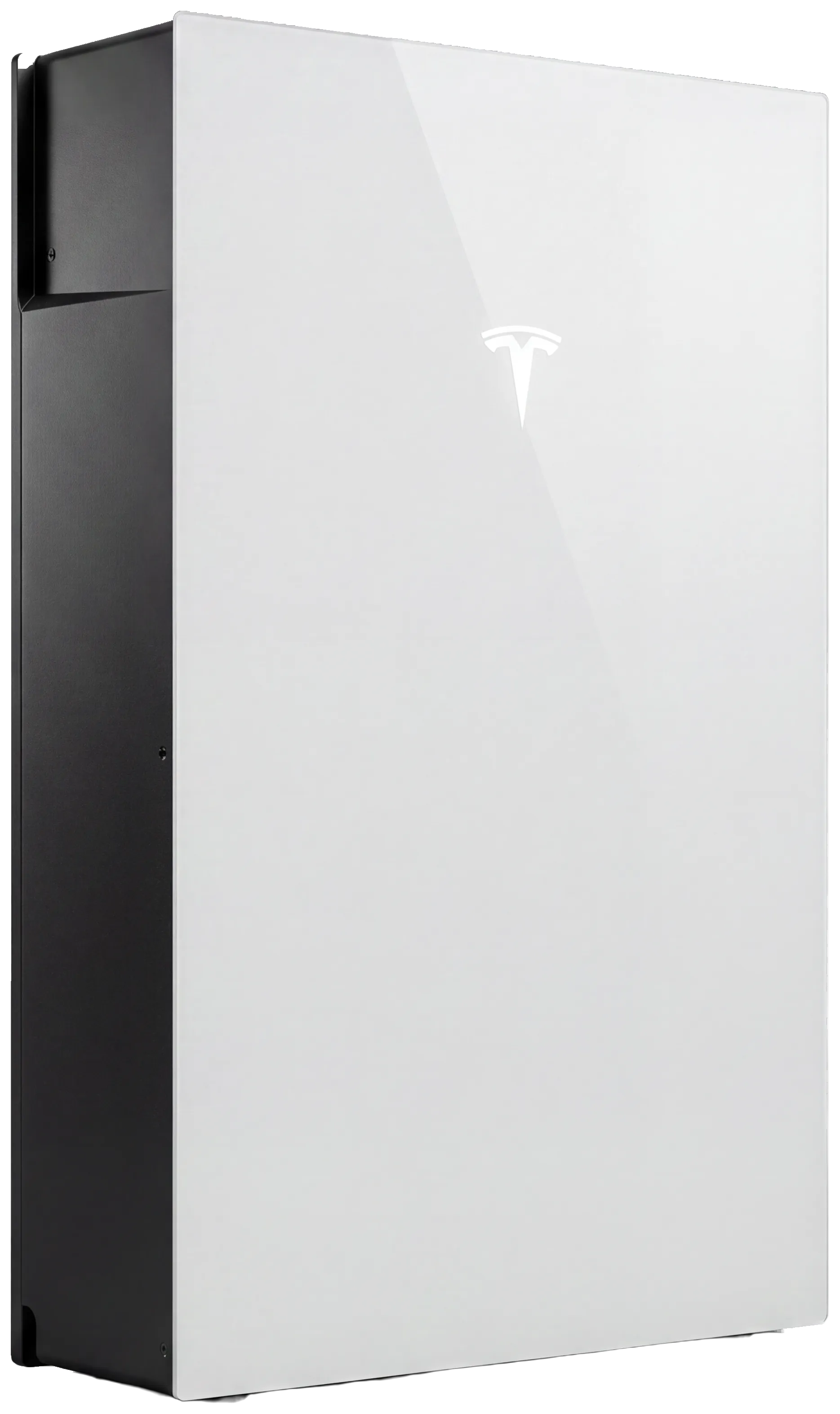 A Tesla Powerwall 3 seen from the front and left: the white glass face with the Tesla mark and the dark grey side panel