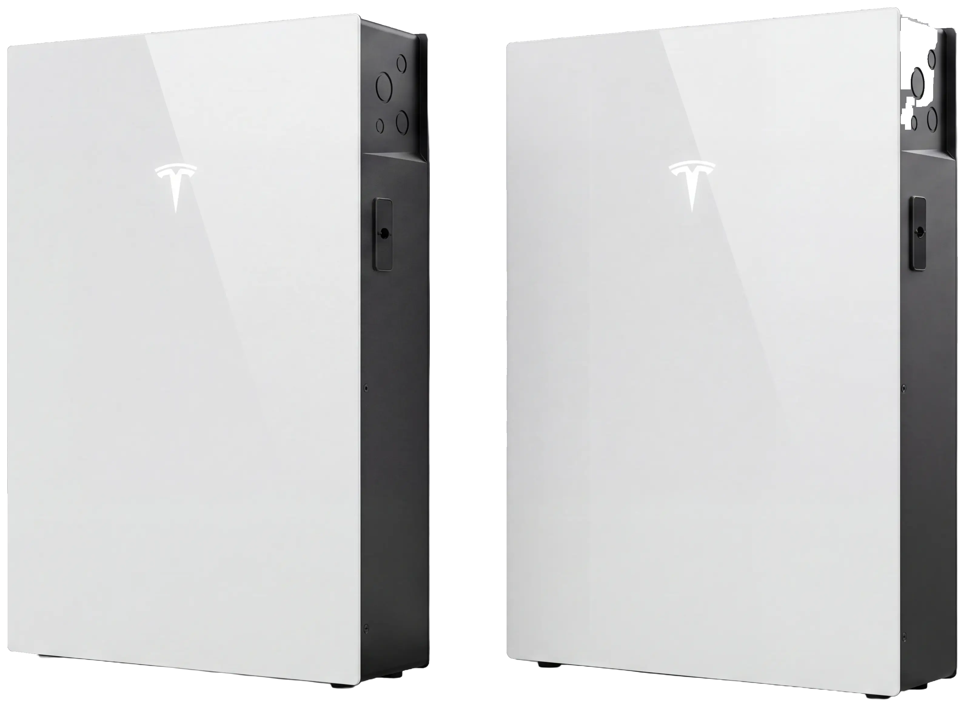 Two Tesla Powerwall enclosures side by side on a grey ground, each turned to show its white glass face carrying the Tesla mark and its dark grey side panel with circular knockouts and a service handle