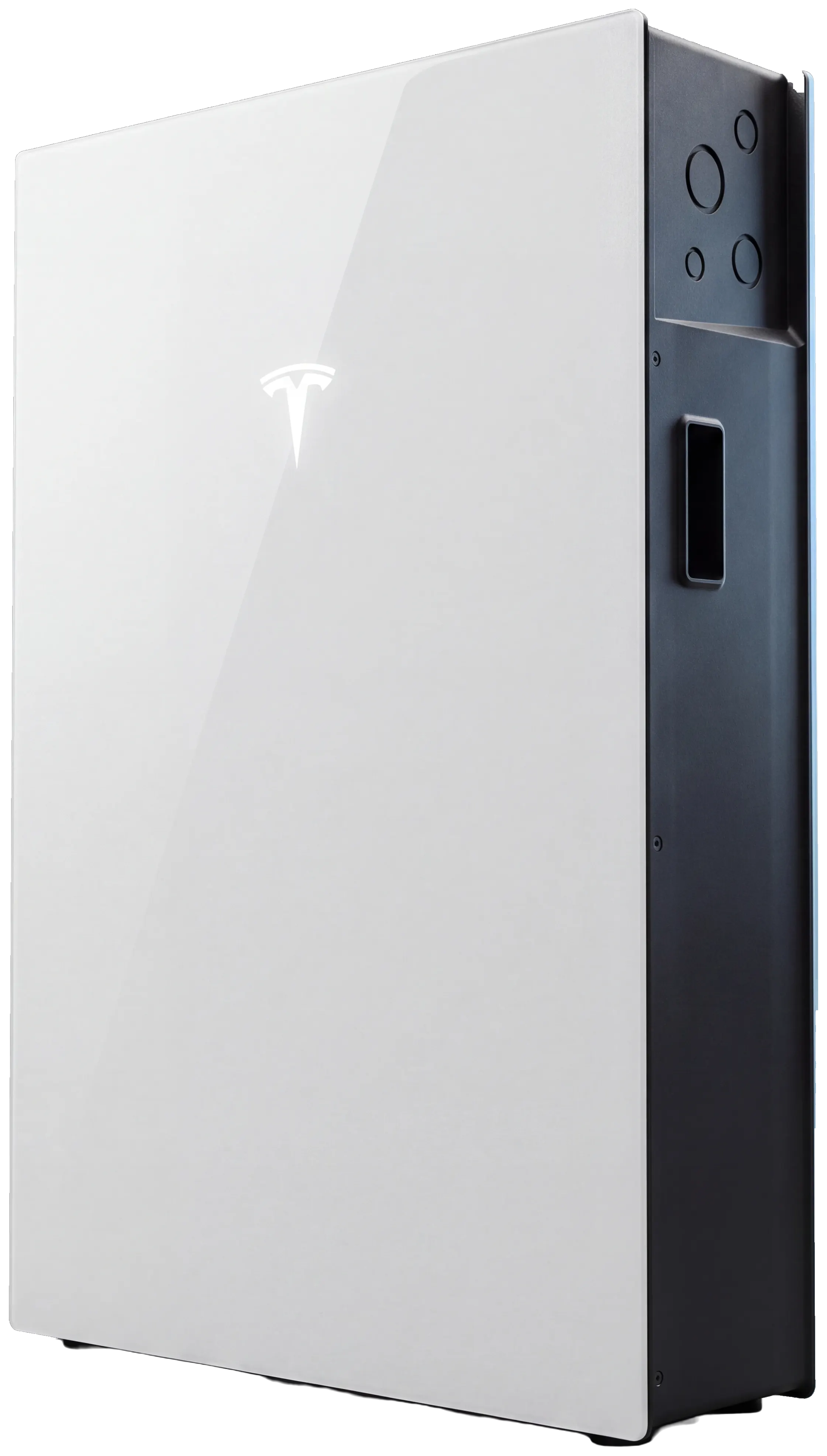A Tesla Powerwall 3 seen from the front and right: a white glass face carrying the lit Tesla mark, with the dark grey side panel, its vent knockouts and its service handle visible along the right-hand edge