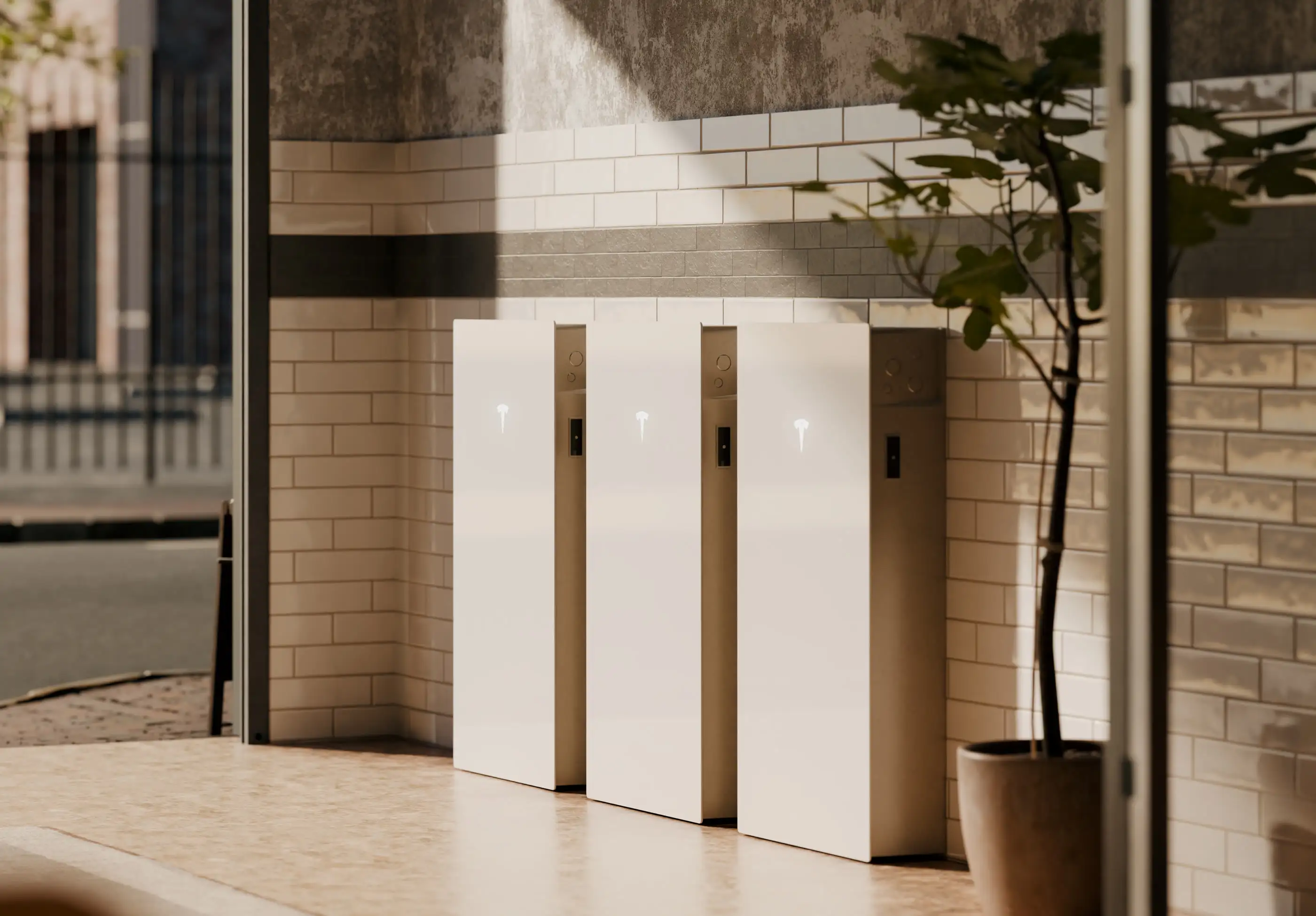 Three Tesla Powerwall units standing side by side against a tiled wall in daylight, a potted fig tree beside them