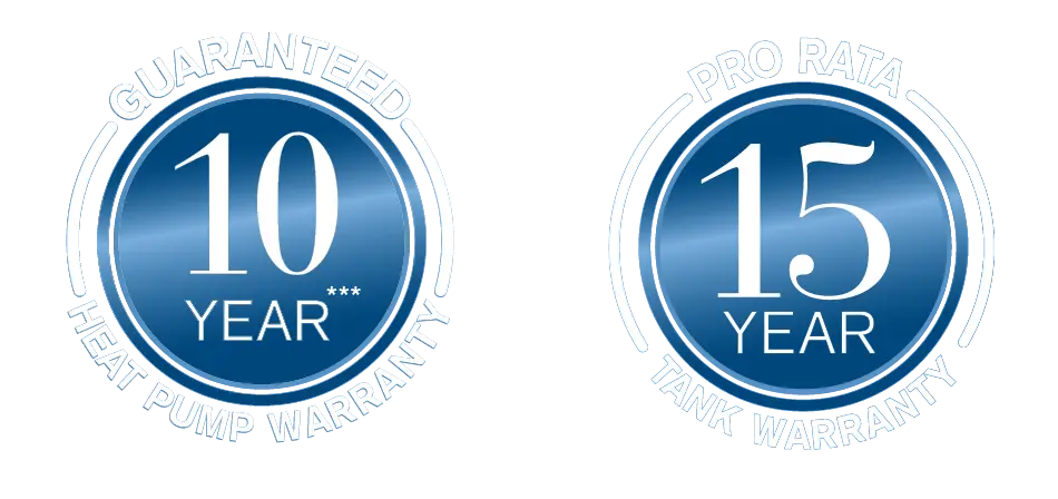 Two circular blue badges side by side. The left reads GUARANTEED 10 YEAR HEAT PUMP WARRANTY around the number 10, and the right reads PRO RATA 15 YEAR TANK WARRANTY around the number 15