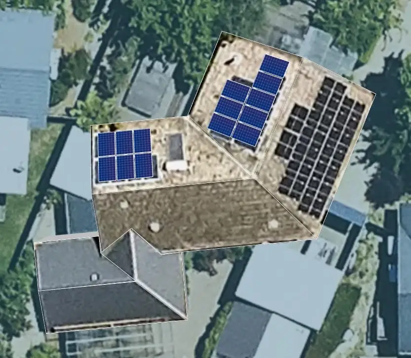 An overhead view of a house with rectangular solar panel layouts drawn onto three faces of its roof, over an aerial photograph of neighbouring houses, driveways and trees
