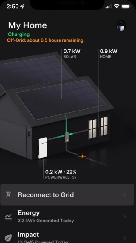 Tesla app home screen with the line to the grid broken and marked: the header reads Off-Grid, and the first row of the list reads Reconnect to Grid.