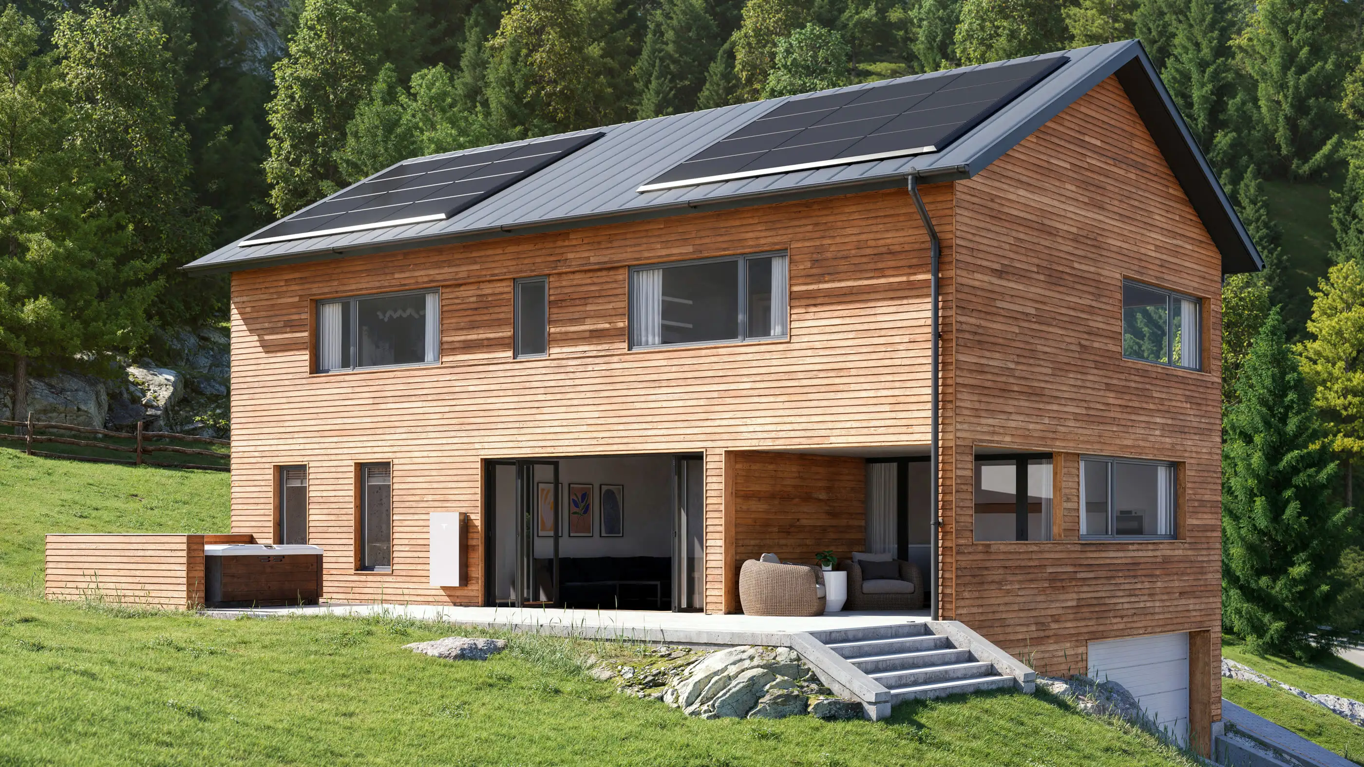 A timber-clad house on a green hillside, solar panels across its roof and a white Tesla Powerwall 3 on the wall beside the open living room.