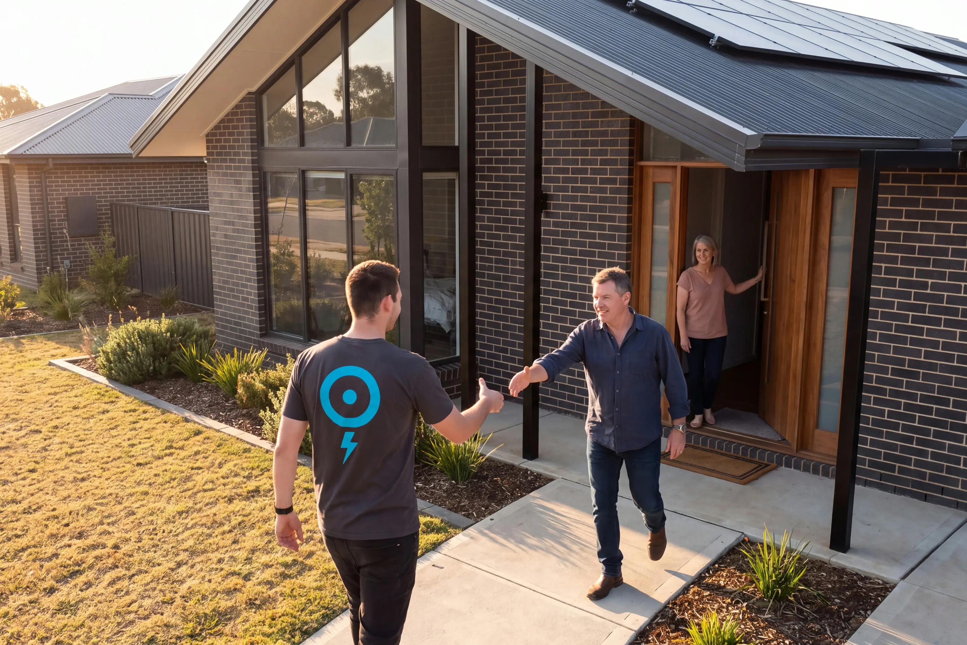 Two men reaching to shake hands on the front path of a brick house with solar panels on its roof, one of them in a dark t-shirt carrying a circular cyan mark, while a woman stands in the open front doorway behind them