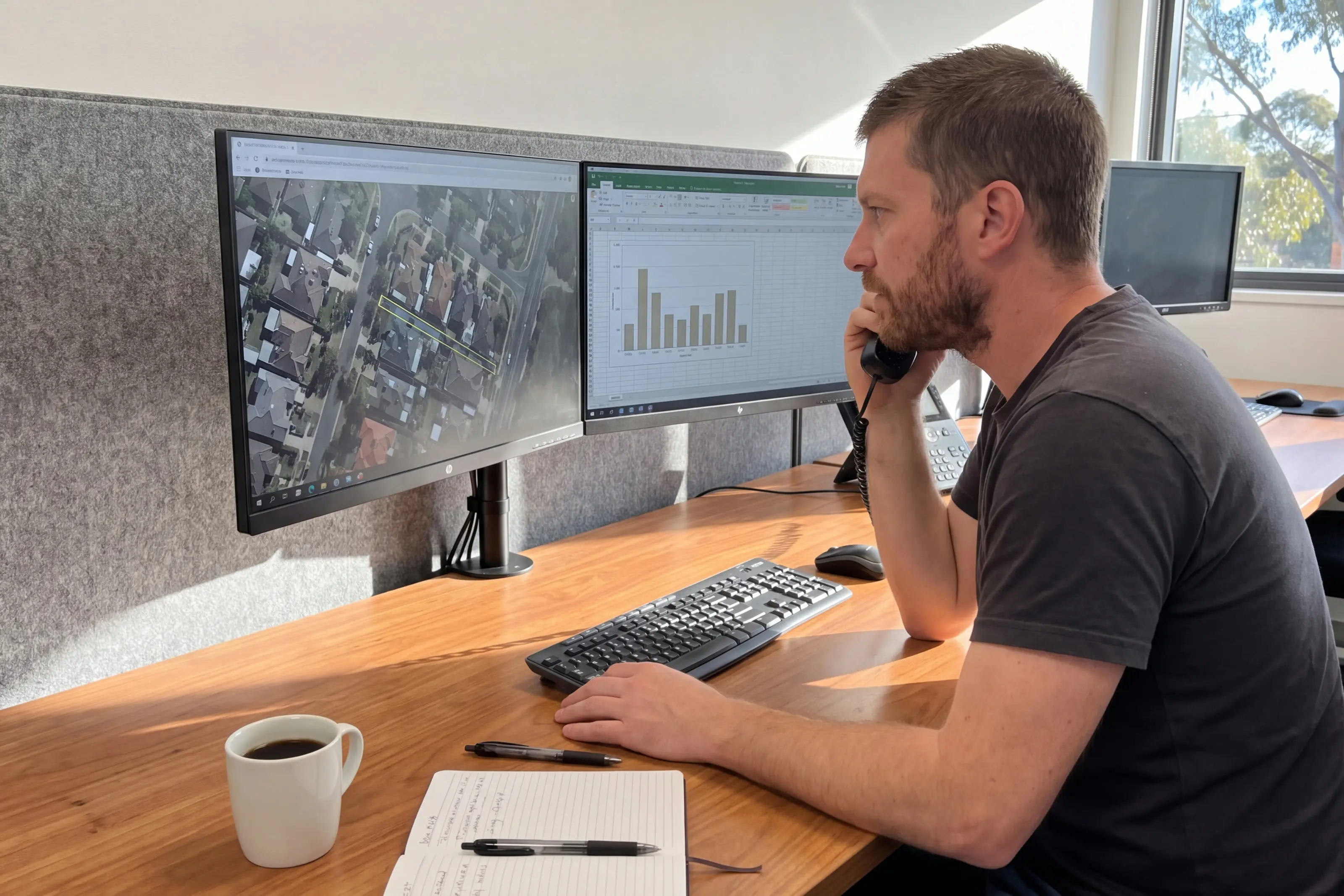 A man at a timber desk holding a telephone handset to his ear, two monitors in front of him showing an aerial view of rooftops and a bar chart, beside a keyboard, an open notebook and a mug