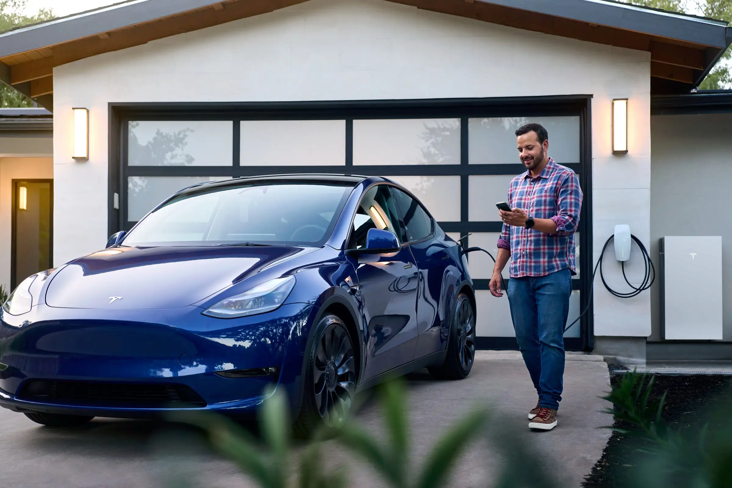 A person looking at a phone beside a blue Tesla parked on a driveway, with a Tesla wall charger and its coiled cable mounted on the garage wall behind them