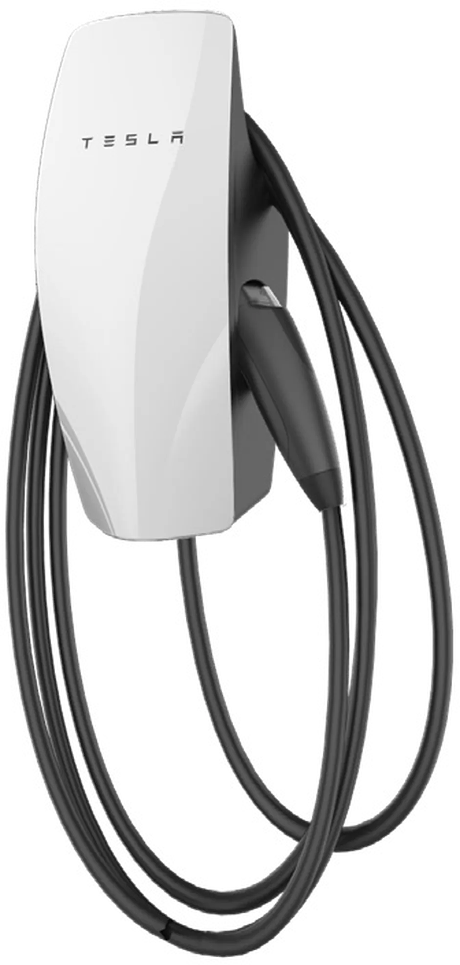 A Tesla Wall Connector seen at a three-quarter angle: a white faceplate carrying the moulded TESLA wordmark, the Type 2 handle docked to its right and the black cable looped below
