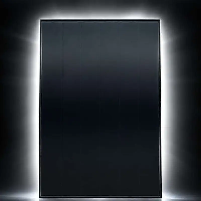 A black solar panel standing upright in a dark studio, lit from behind so a white glow outlines its black frame
