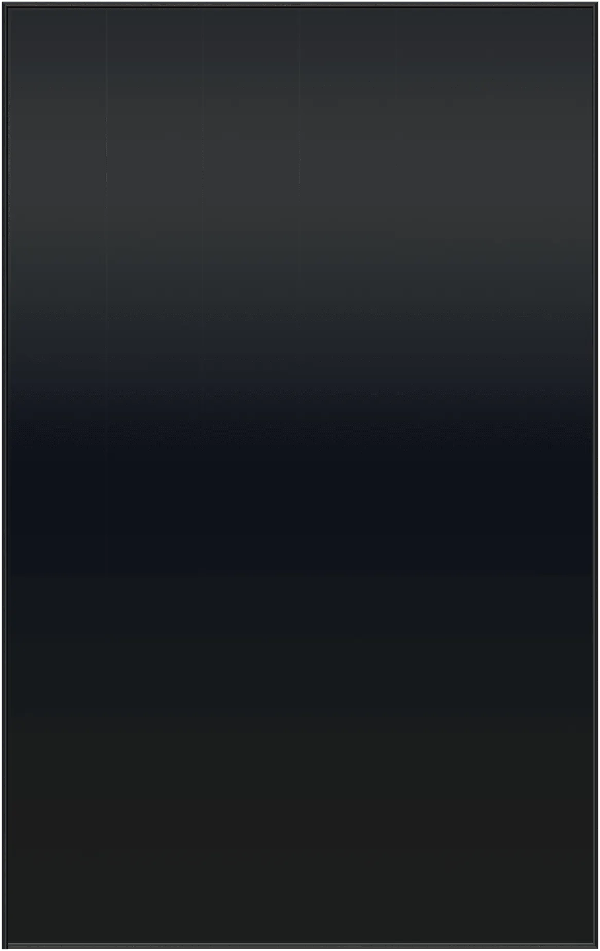 A black solar panel seen straight on, a black glass face in a thin black frame, with faint vertical seams between the cell strings